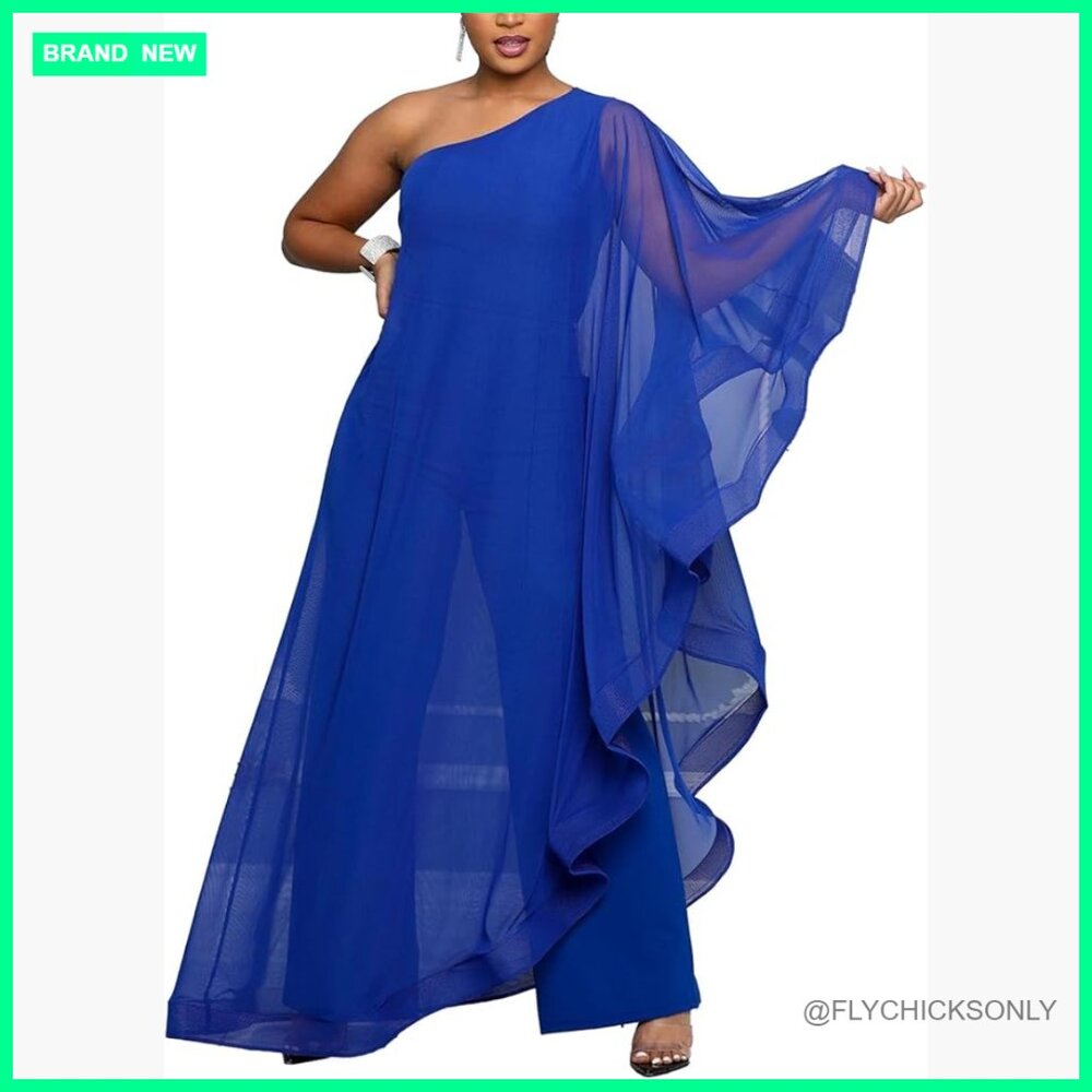 One Shoulder Ruffle Patchwork Elastic Wide Leg Ju… - image 1